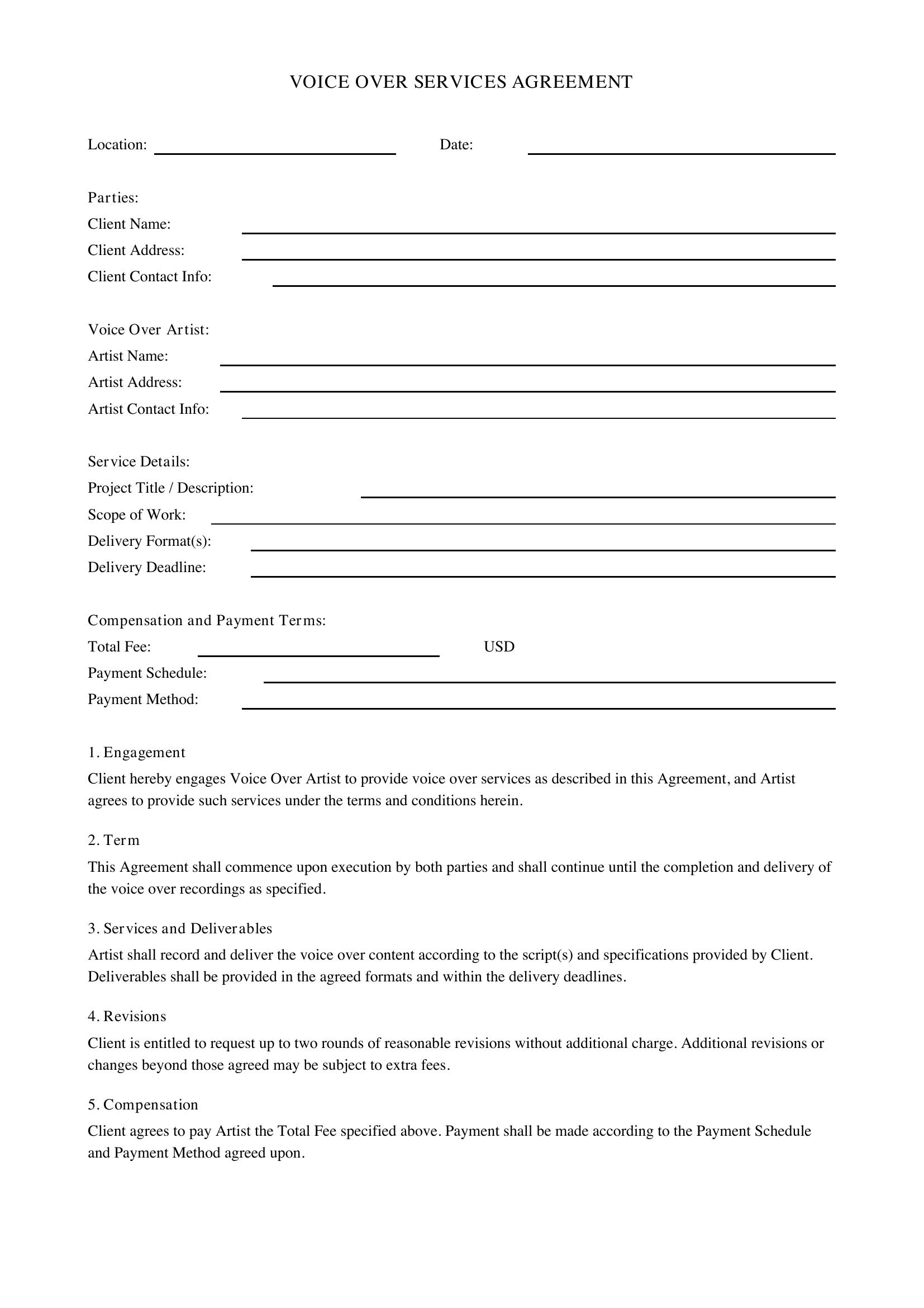 Voice Over Contract Template - US
