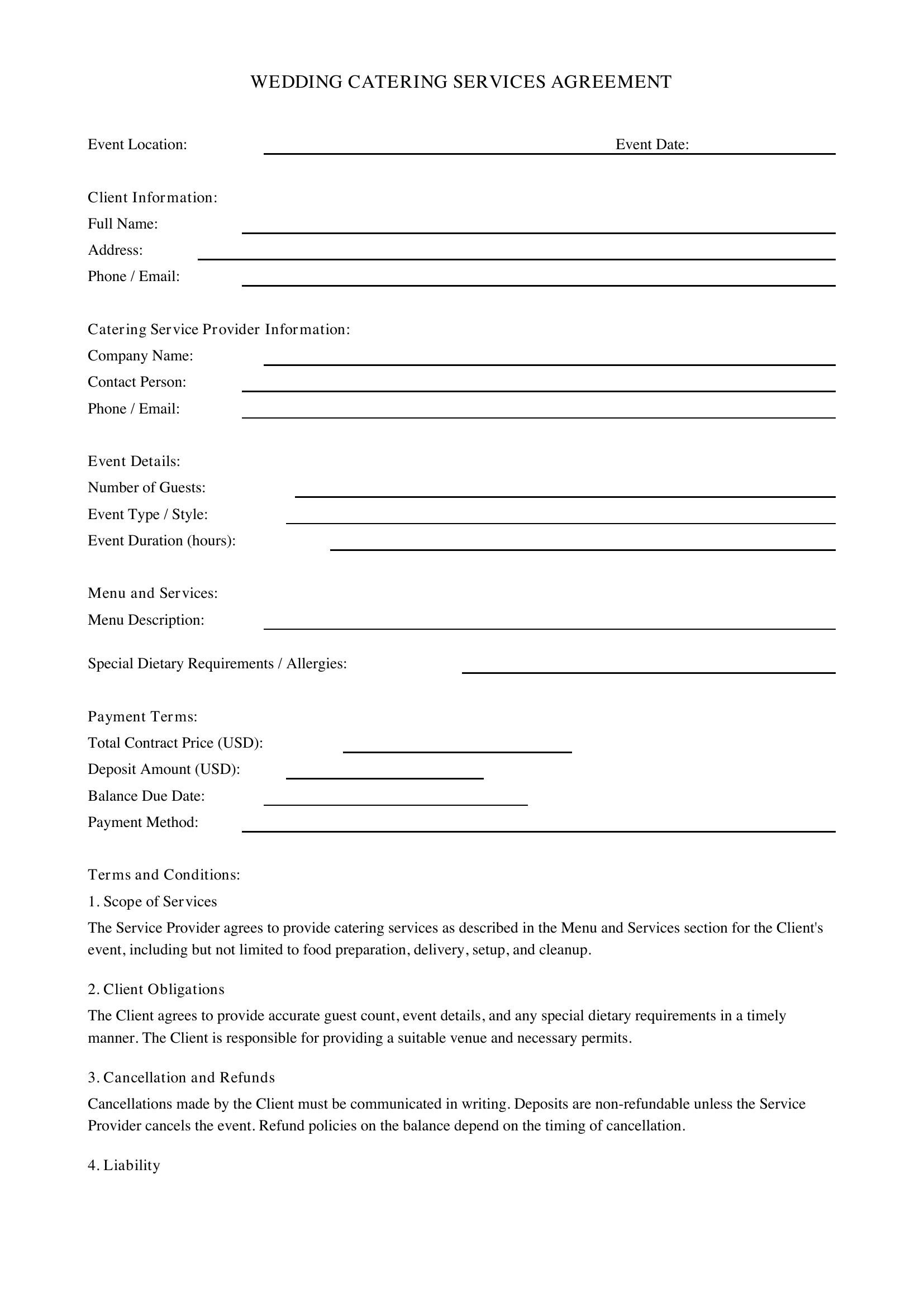 Wedding Catering Contract Template - US