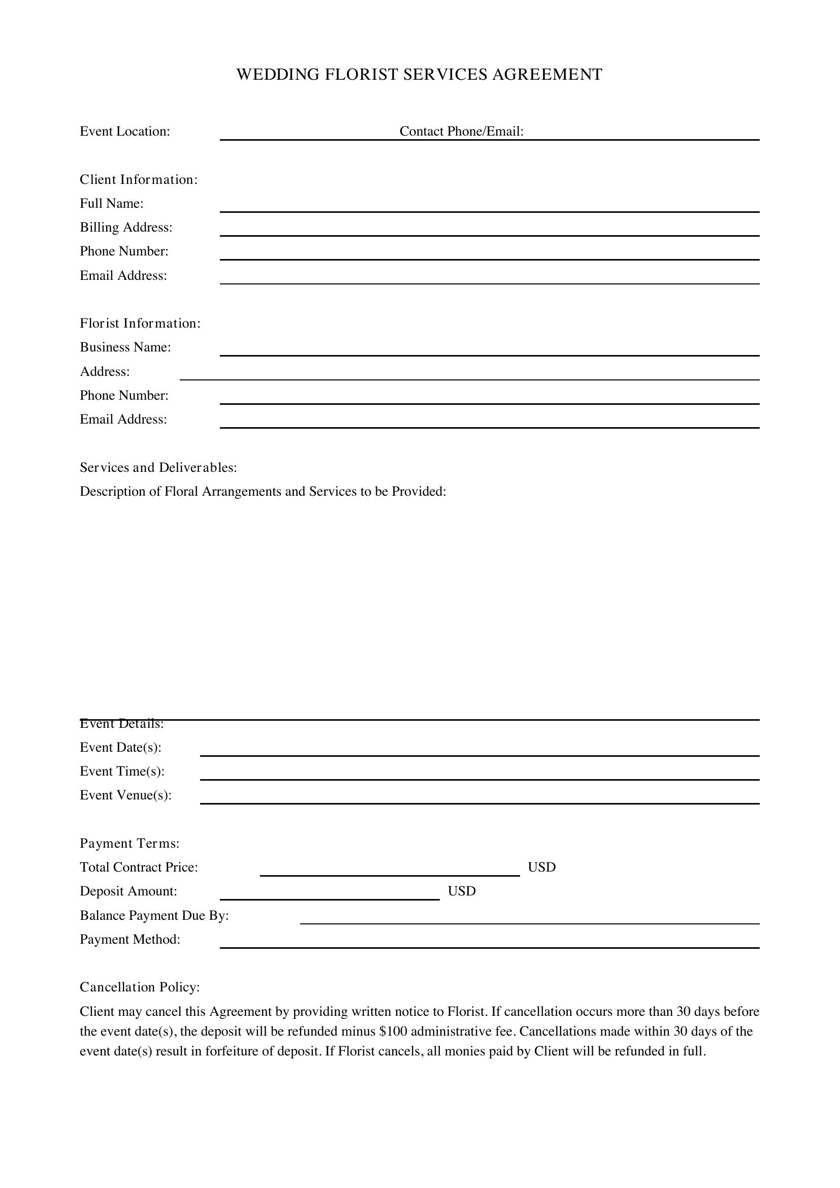 Wedding Florist Contract Template - US