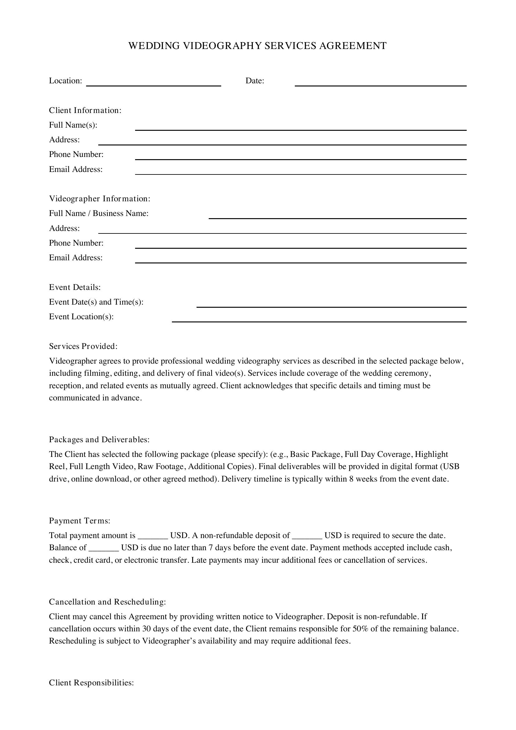 Wedding Video Contract Template - US