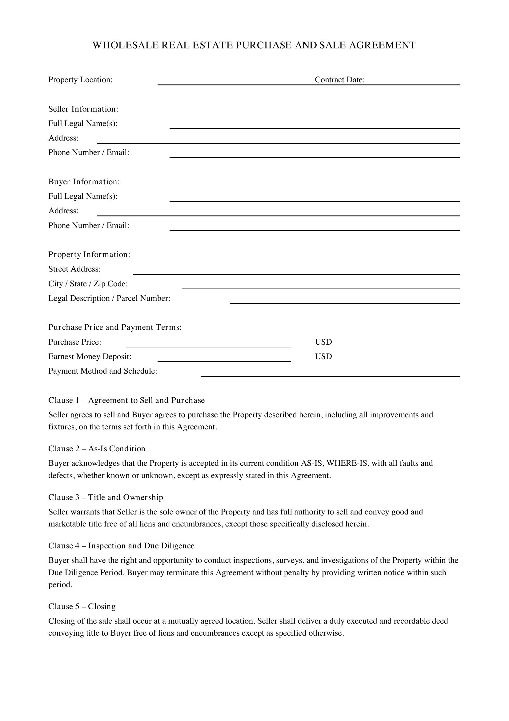 Wholesale Real Estate Contract Template - US