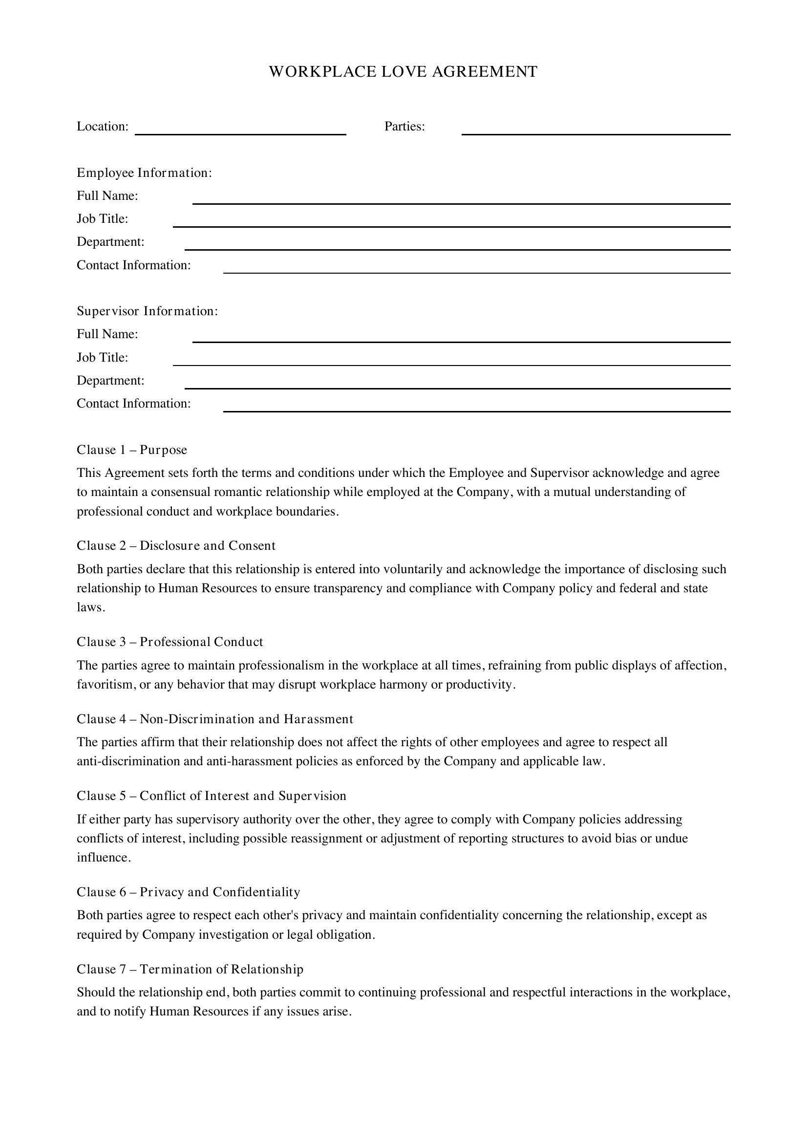 Workplace Love Contract Template - US